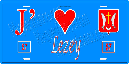 Plaque métal décorative 15 x 30 cm fond bleu 57 J' ❤️Lezey, canton du Saulnois Moselle 57