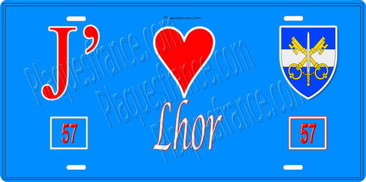 Plaque métal décorative 15 x 30 cm fond bleu 57 J' ❤️Lhor, canton du Saulnois Moselle 57