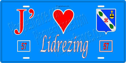 Plaque métal décorative 15 x 30 cm fond bleu 57 J' ❤️Lidrezing, canton du Saulnois Moselle 57