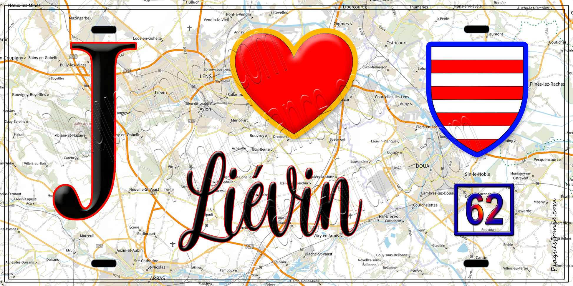 Plaque métal décorative  J' ❤️ Liévin, Pas de Calais (62)