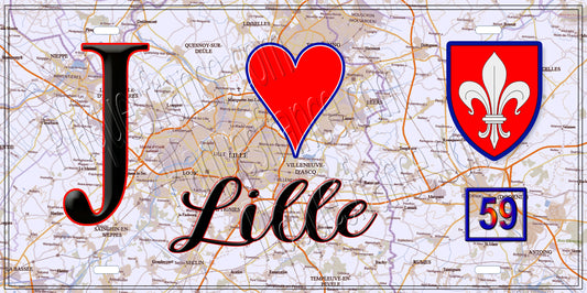 Plaque métal décorative carte J' ❤️ Lille, Nord 59
