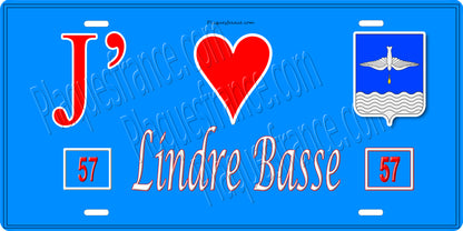 Plaque métal décorative 15 x 30 cm fond bleu 57 J' ❤️Lindre Basse , canton du Saulnois Moselle 57