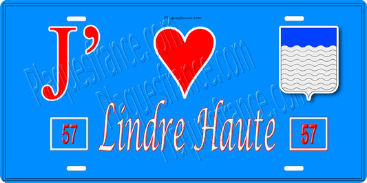 Plaque métal décorative 15 x 30 cm fond bleu 57 J' ❤️Lindre Haute , canton du Saulnois Moselle 57