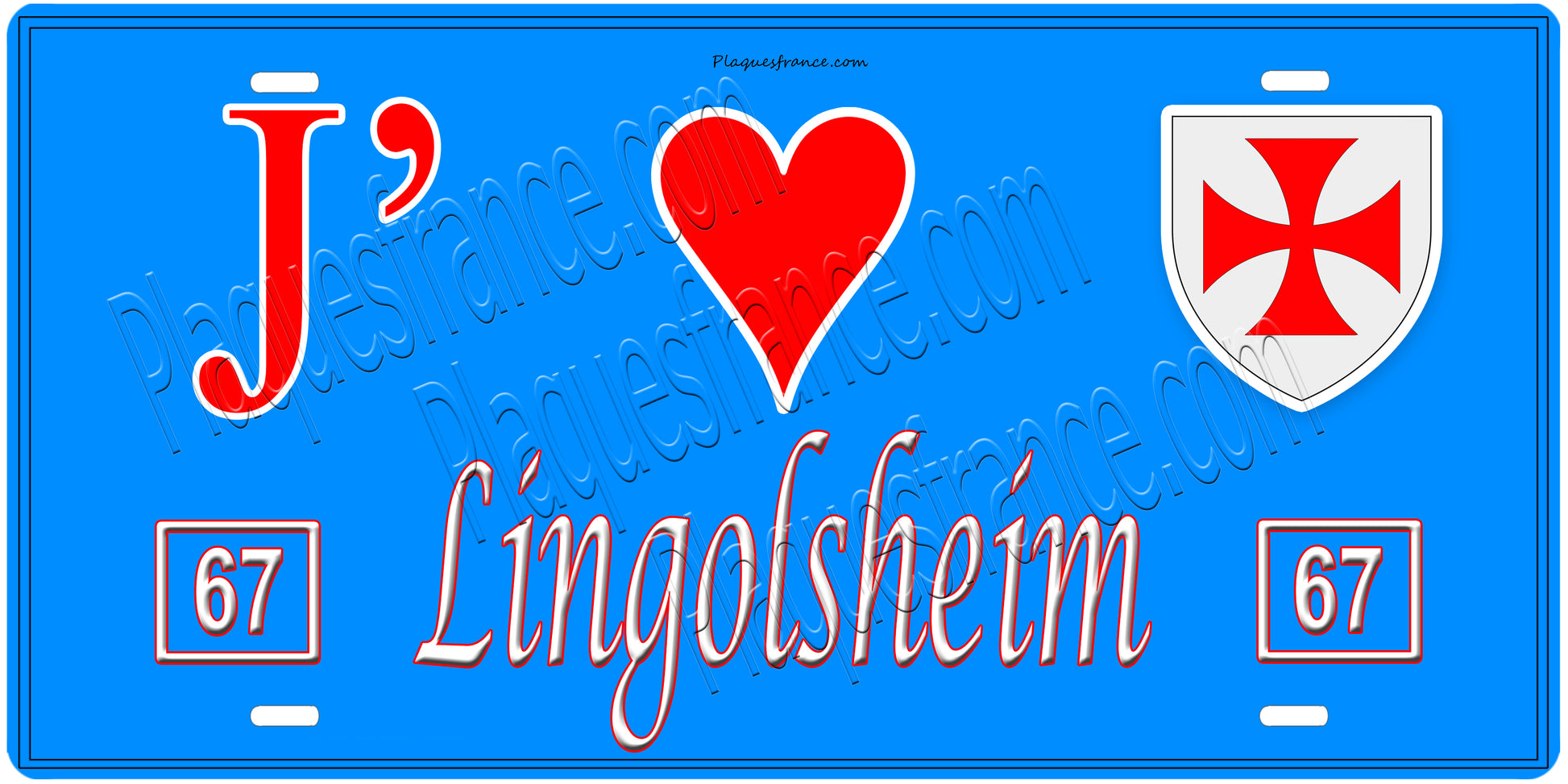 Plaque métal décorative, J' ❤️Lingolsheim, Bas Rhin, fond  mur bleu 67