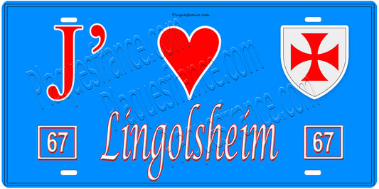 Plaque métal décorative, J' ❤️Lingolsheim, Bas Rhin, fond  mur bleu 67