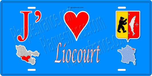 Plaque métal décorative 15 x 30 cm fond bleu carte J' ❤️Liocourt, canton du Saulnois Moselle 57