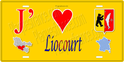 Plaque métal décorative 15 x 30 cm fond jaune carte J' ❤️Liocourt, canton du Saulnois Moselle 57