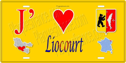 Plaque métal décorative 15 x 30 cm fond jaune carte J' ❤️Liocourt, canton du Saulnois Moselle 57