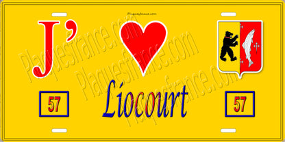 Plaque métal décorative 15 x 30 cm fond jaune 57 J' ❤️Liocourt, canton du Saulnois Moselle 57