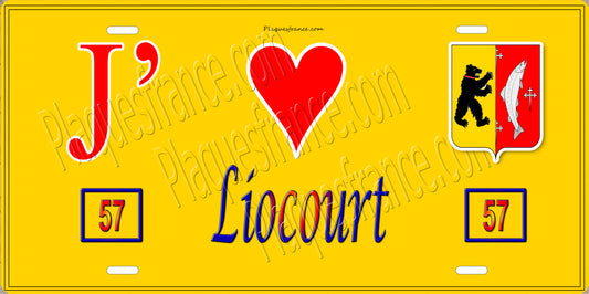 Plaque métal décorative 15 x 30 cm fond jaune 57 J' ❤️Liocourt, canton du Saulnois Moselle 57