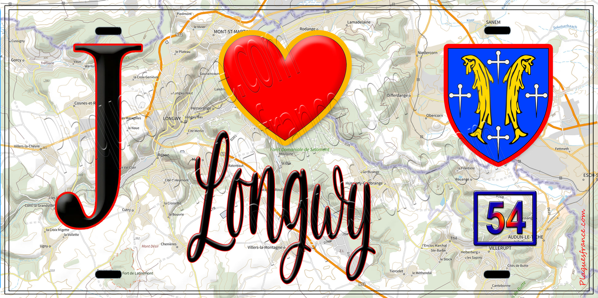 Plaque métal décorative  J' ❤️ Longwy, Meurthe et Moselle (54)