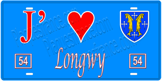Plaque métal décorative, J' ❤️Longwy, Meurthe et Moselle, fond  mur bleu 54