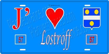 Plaque métal décorative 15 x 30 cm fond bleu 57 J' ❤️Lostroff, canton du Saulnois Moselle 57