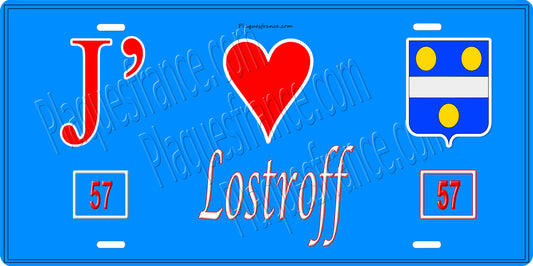 Plaque métal décorative 15 x 30 cm fond bleu 57 J' ❤️Lostroff, canton du Saulnois Moselle 57