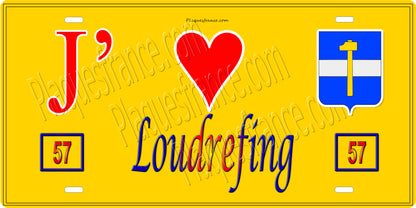 Plaque métal décorative 15 x 30 cm fond jaune 57 J' ❤️ Loudrefing, canton du Saulnois Moselle 57