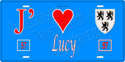 Plaque métal décorative 15 x 30 cm fond bleu 57 J' ❤️Lucy, canton du Saulnois Moselle 57