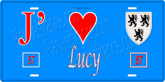 Plaque métal décorative 15 x 30 cm fond bleu 57 J' ❤️Lucy, canton du Saulnois Moselle 57