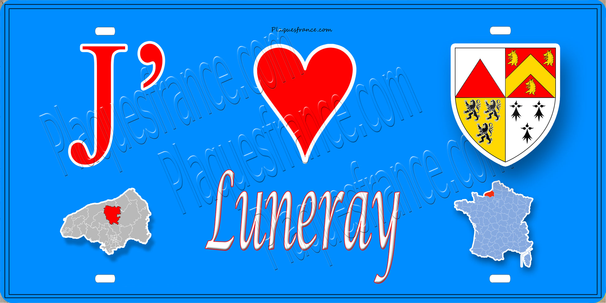 Plaque métal décorative 15X30 J' ❤️ Luneray, Seine Maritime (76) bleu carte