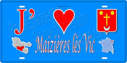 Plaque métal décorative 15 x 30 cm fond bleu carte J' ❤️ Maizières-lès-Vic, canton du Saulnois Moselle 57