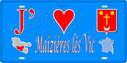 Plaque métal décorative 15 x 30 cm fond bleu carte J' ❤️ Maizières-lès-Vic, canton du Saulnois Moselle 57
