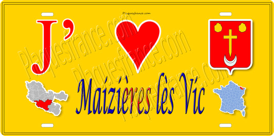 Plaque métal décorative 15 x 30 cm fond jaune carte J' ❤️ Maizières-lès-Vic, canton du Saulnois Moselle 57