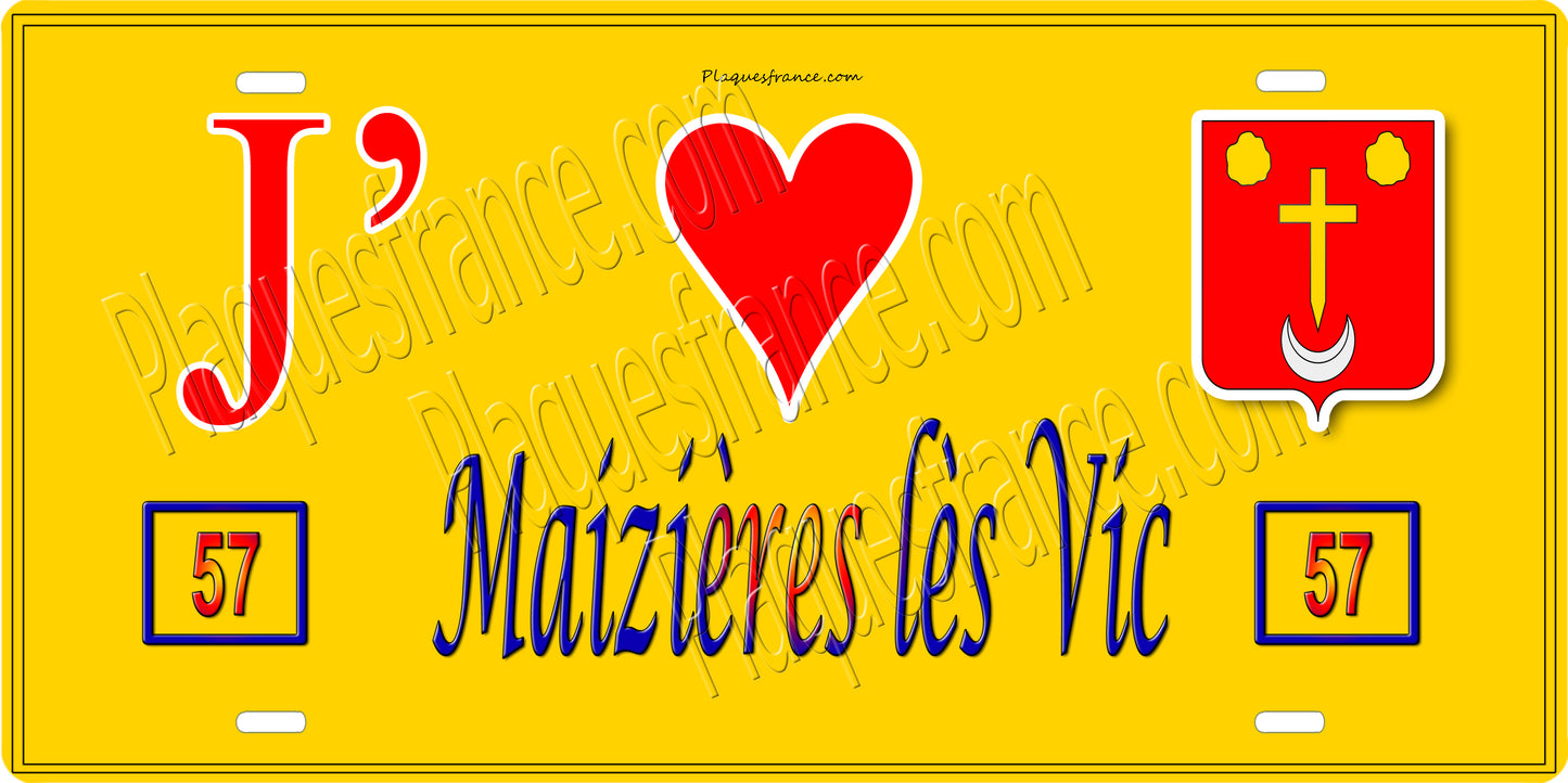 Plaque métal décorative 15 x 30 cm fond jaune 57 J' ❤️ Maizières-lès-Vic, canton du Saulnois Moselle 57