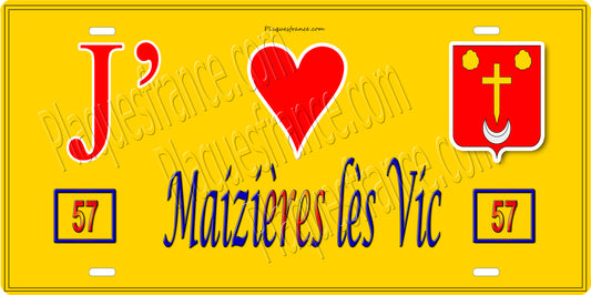 Plaque métal décorative 15 x 30 cm fond jaune 57 J' ❤️ Maizières-lès-Vic, canton du Saulnois Moselle 57