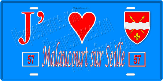 Plaque métal décorative 15 x 30 cm fond bleu 57 J' ❤️Malaucourt sur Seille, canton du Saulnois Moselle 57