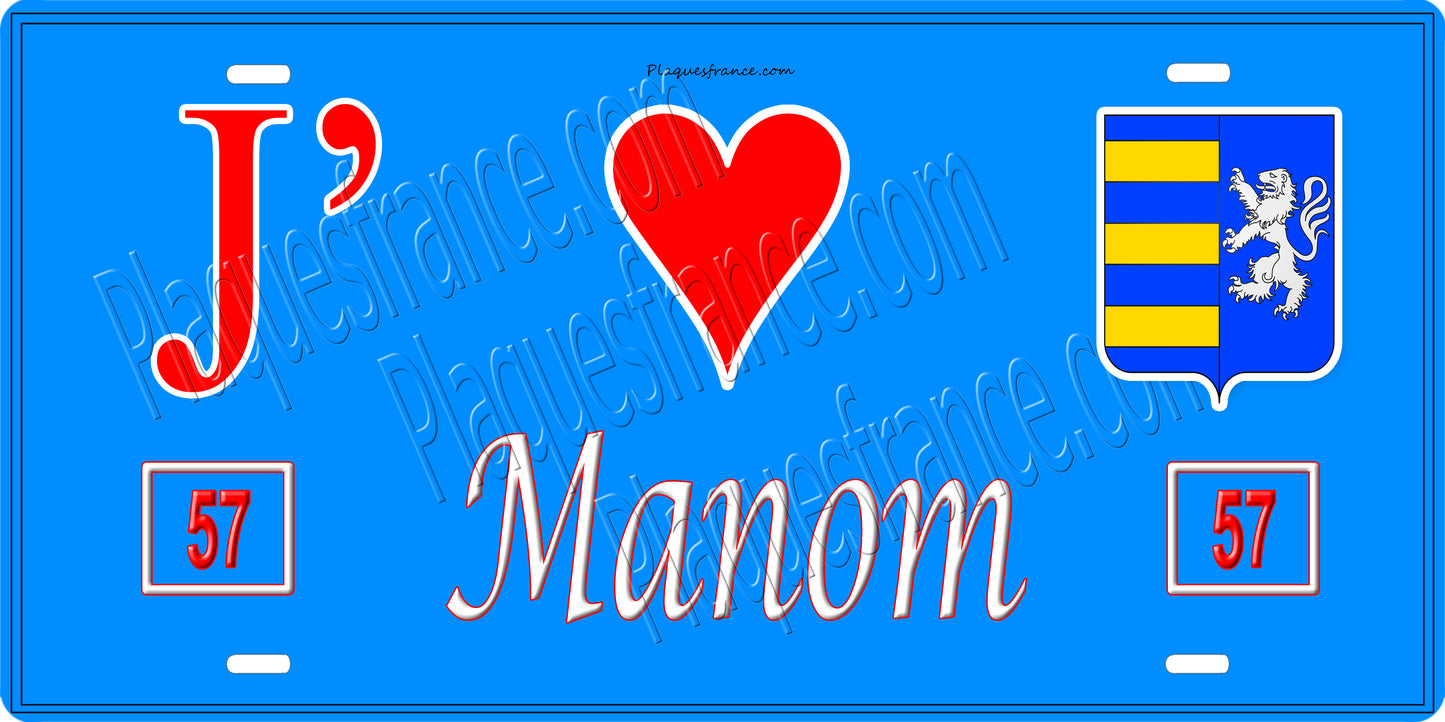 Plaque métal décorative 15 x 30 cm fond mur bleu 57 J' ❤️ Manom, canton Yutz Moselle 57