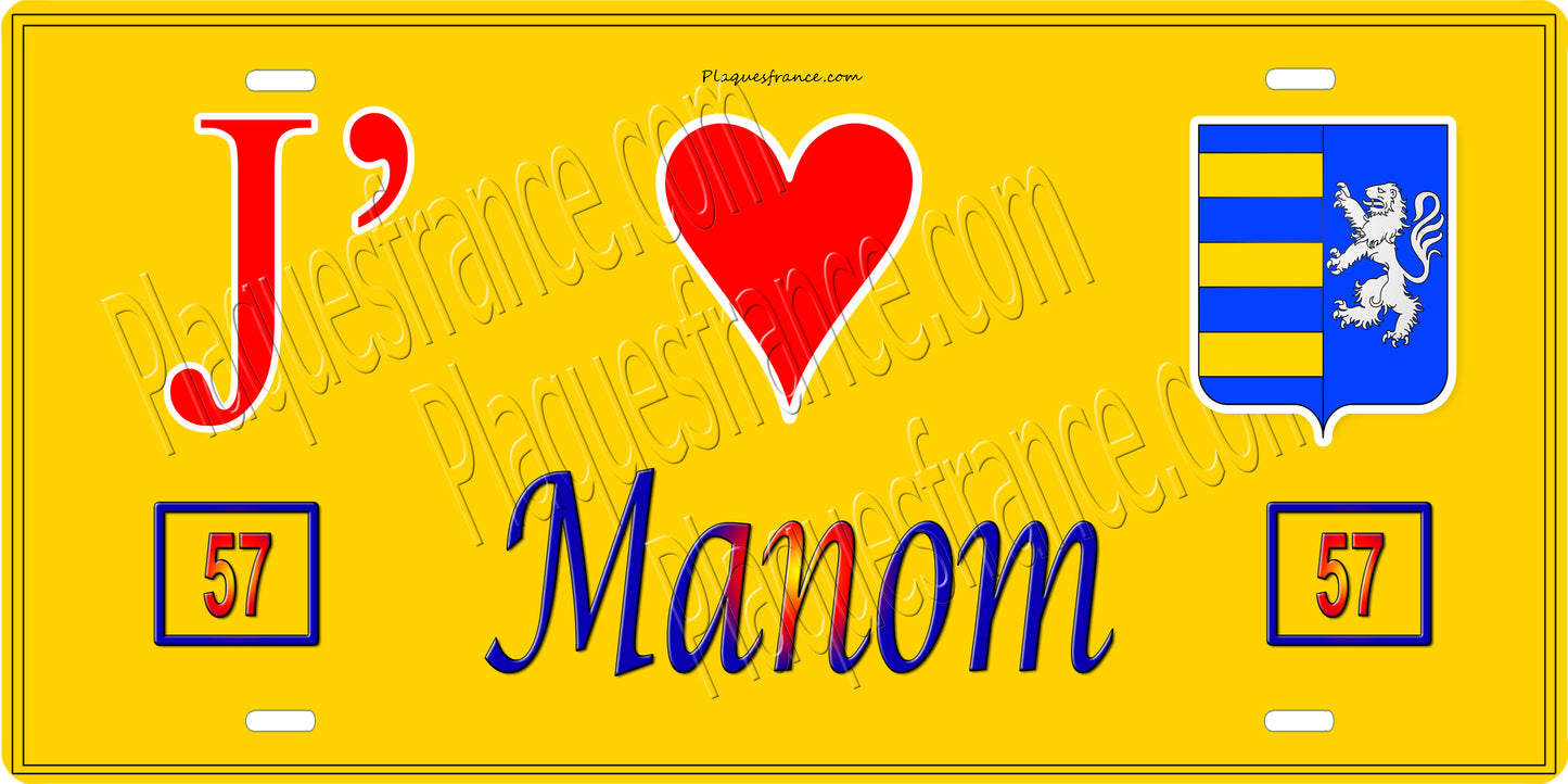 Plaque métal décorative 15 x 30 cm fond mur jaune 57 J' ❤️ Manom, canton Yutz Moselle 57