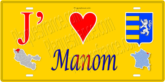 Plaque métal décorative 15 x 30 cm fond mur jaune carte J' ❤️ Manom, canton Yutz Moselle 57