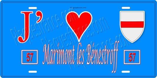 Plaque métal décorative 15 x 30 cm fond bleu 57 J' ❤️Marimont lès Bénestroff, canton du Saulnois Moselle 57