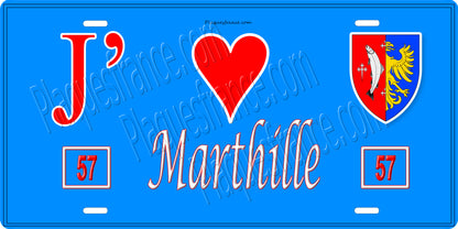 Plaque métal décorative 15 x 30 cm fond bleu 57 J' ❤️Marthille, canton du Saulnois Moselle 57