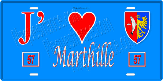 Plaque métal décorative 15 x 30 cm fond bleu 57 J' ❤️Marthille, canton du Saulnois Moselle 57