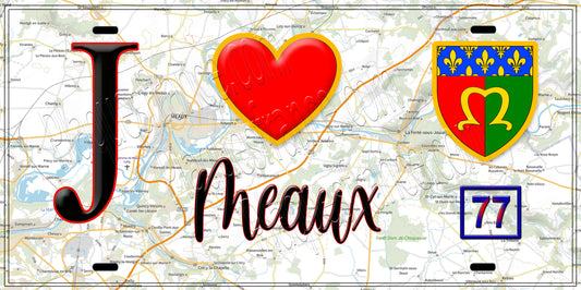 Plaque métal décorative  J' ❤️Meaux, Seine et Marne (77) fond carte