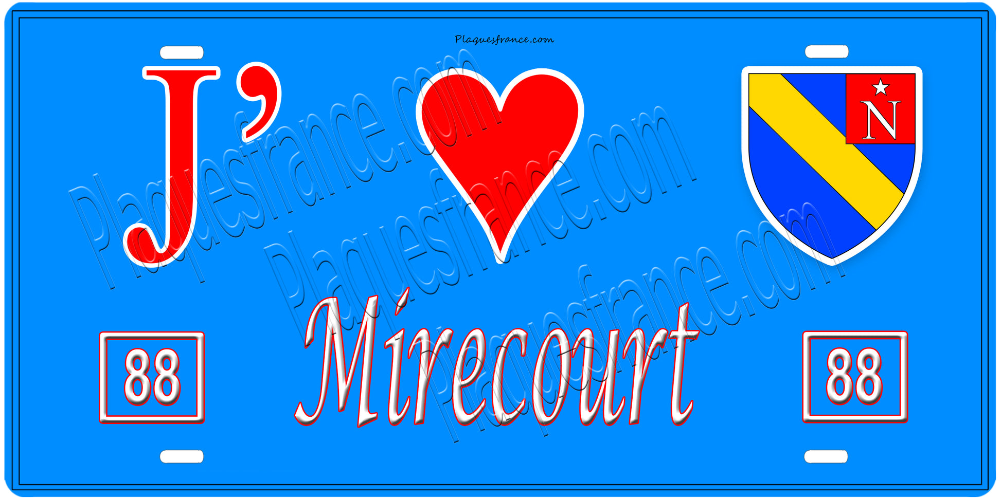 Plaque métal décorative, J' ❤️Mirecourt, fond  mur bleu 88
