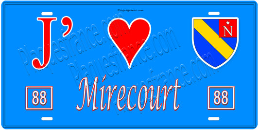 Plaque métal décorative, J' ❤️Mirecourt, fond  mur bleu 88