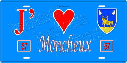 Plaque métal décorative 15 x 30 cm fond bleu 57 J' ❤️Moncheux, canton du Saulnois Moselle 57
