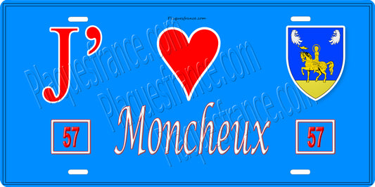 Plaque métal décorative 15 x 30 cm fond bleu 57 J' ❤️Moncheux, canton du Saulnois Moselle 57