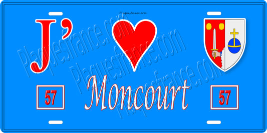 Plaque métal décorative 15 x 30 cm fond bleu 57 J' ❤️Moncourt, canton du Saulnois Moselle 57