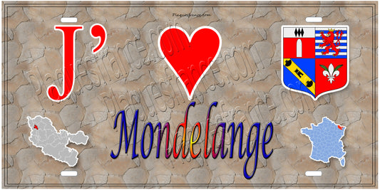 Plaque métal décorative 15 x 30 cm fond mur antique carte J' ❤️ Mondelange, canton Fameck Moselle 57