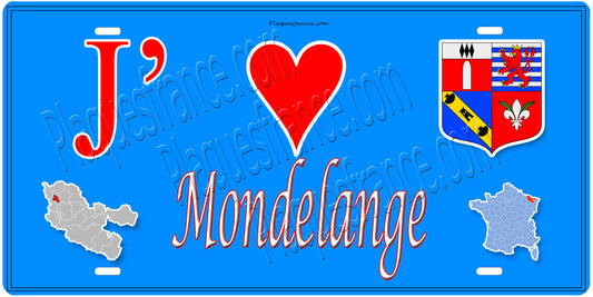 Plaque métal décorative 15 x 30 cm fond mur bleu carte J' ❤️ Mondelange, canton Fameck Moselle 57