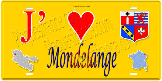 Plaque métal décorative 15 x 30 cm fond mur jaune carte J' ❤️ Mondelange, canton Fameck Moselle 57