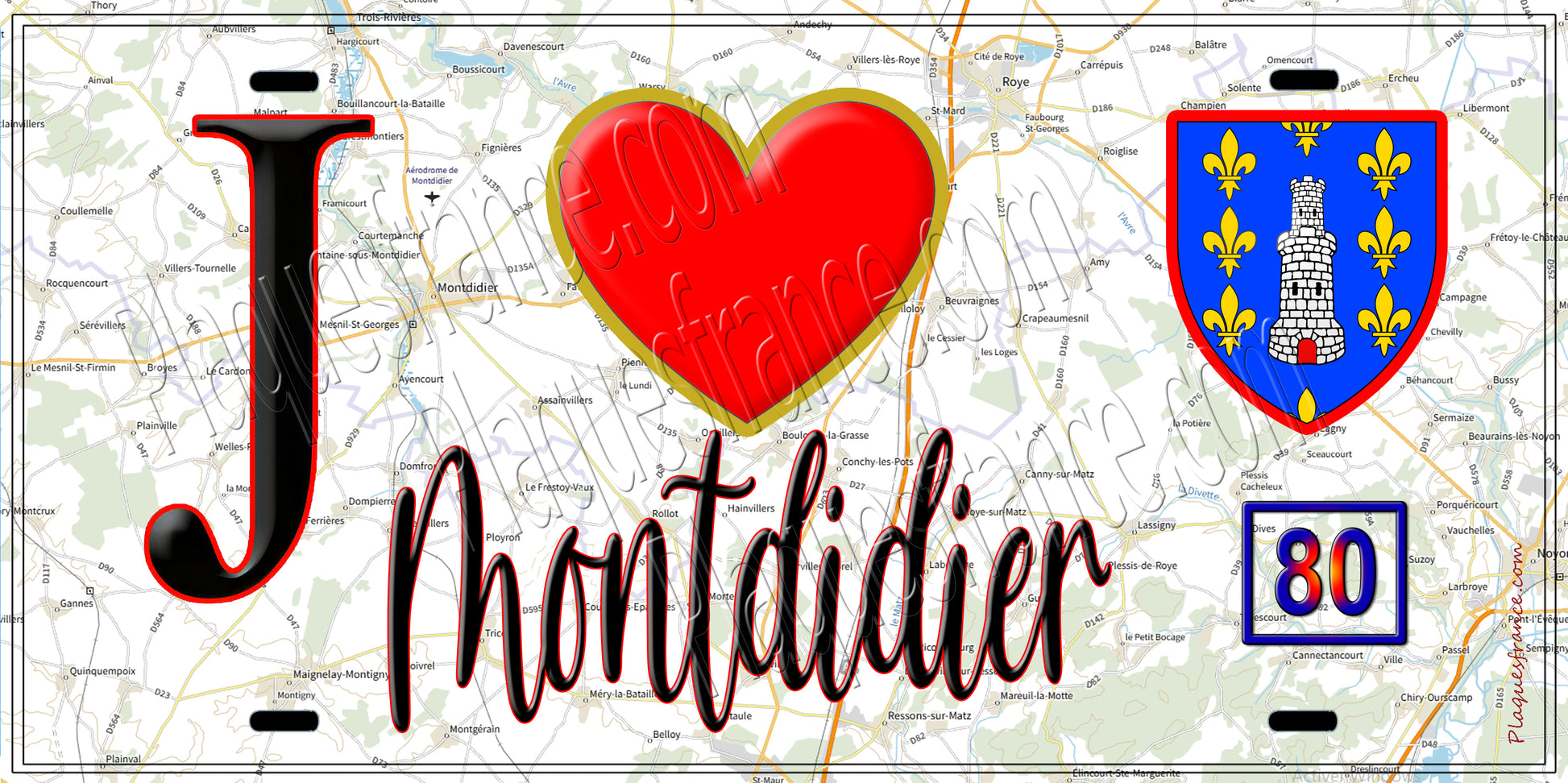 Plaque métal décorative  J' ❤️ Montdidier, Somme (80)