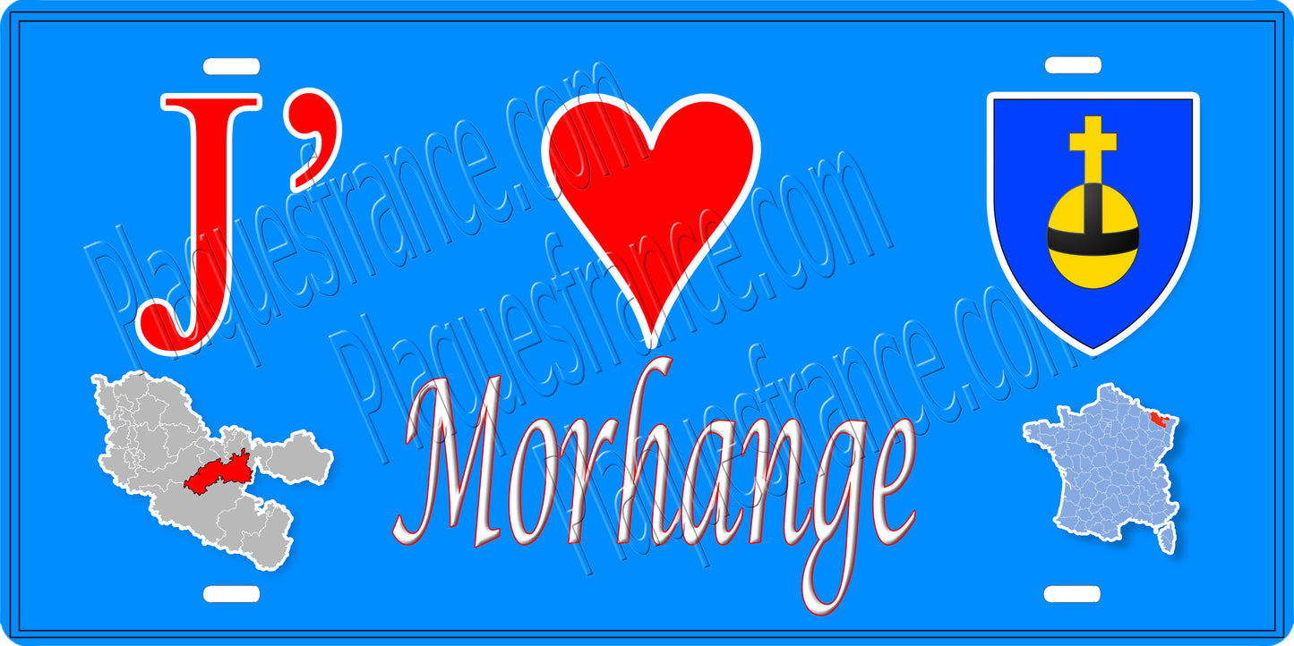 Plaque métal décorative 15 x 30 cm fond mur bleu carte J' ❤️ Morhange, canton Sarralbe Moselle 57