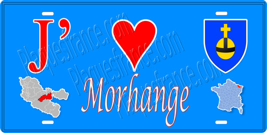 Plaque métal décorative 15 x 30 cm fond mur bleu carte J' ❤️ Morhange, canton Sarralbe Moselle 57