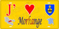 Plaque métal décorative 15 x 30 cm fond mur jaune carte J' ❤️ Morhange, canton Sarralbe Moselle 57