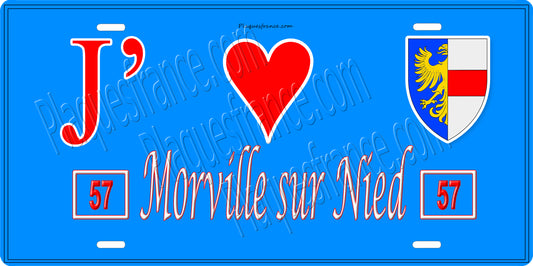 Plaque métal décorative 15 x 30 cm fond bleu 57 J' ❤️Morville sur Nied, canton du Saulnois Moselle 57