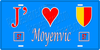 Plaque métal décorative 15 x 30 cm fond bleu 57 J' ❤️Moyenvic, canton du Saulnois Moselle 57