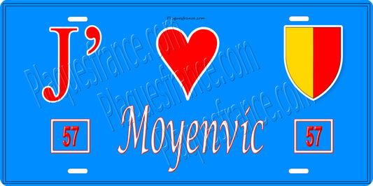 Plaque métal décorative 15 x 30 cm fond bleu 57 J' ❤️Moyenvic, canton du Saulnois Moselle 57